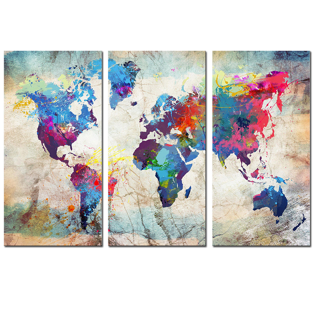 World Map in Paint Spatter - Colorful artistic world map canvas wall art featuring continents in vibrant watercolor splashes and paint splatters on a textured beige background, divided into three vertical panels