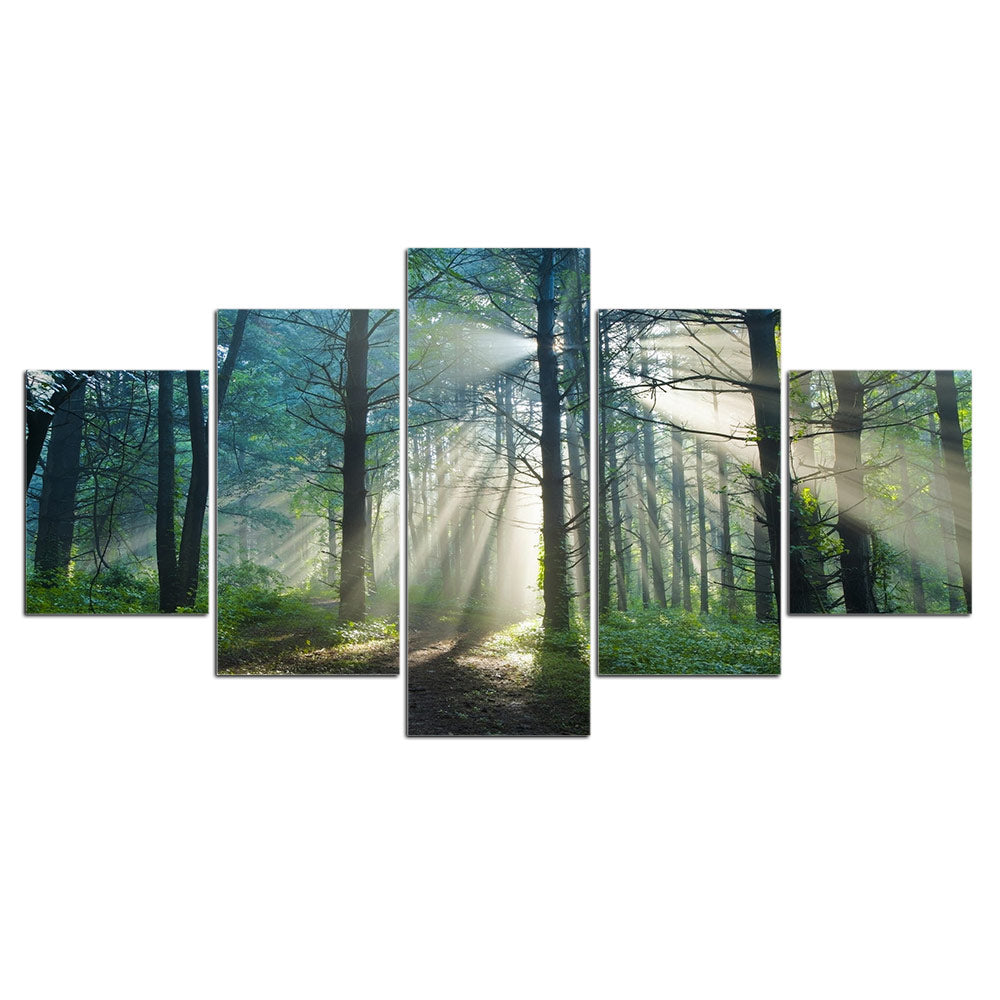 Tranquil Forest Scene canvas wall art displaying sunbeams piercing through misty morning forest trees, creating ethereal rays of light filtering through green foliage and tall trunks in a serene woodland setting, split across five panels