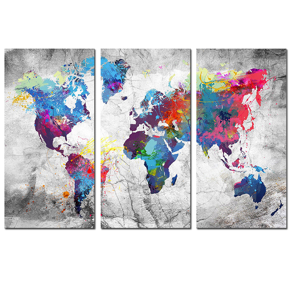 World Map in Paint Spatter - Three panel canvas art featuring a vibrant world map with colorful paint splatter design on gray textured background, showcasing continents in bold blues, purples, pinks, and yellows