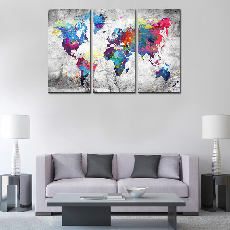 World Map in Paint Spatter: Modern 3-panel canvas art featuring vibrant watercolor splashes on grey background depicting world continents, perfect for contemporary home decor with colorful blue, pink, and purple tones