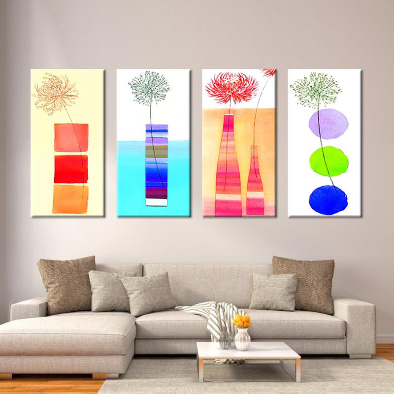 Modern Kitchen Panels featuring abstract floral art in four panels displaying vibrant colors of red, turquoise, pink and purple, with geometric shapes and minimalist flower designs, perfect for contemporary home decor