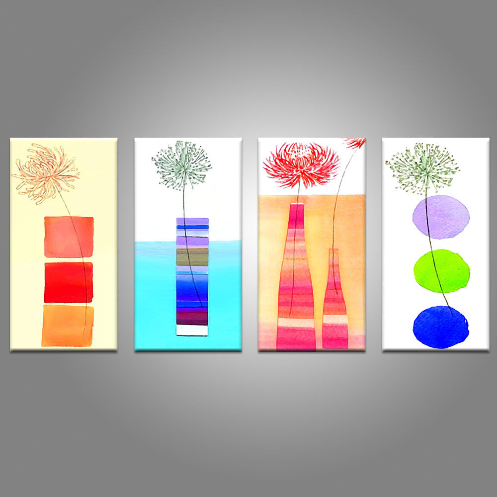 Modern Kitchen Panels featuring four colorful abstract art pieces, each displaying minimalist floral designs in vases against vibrant geometric backgrounds of red, blue, pink, and multicolored circles, perfect for contemporary home decor