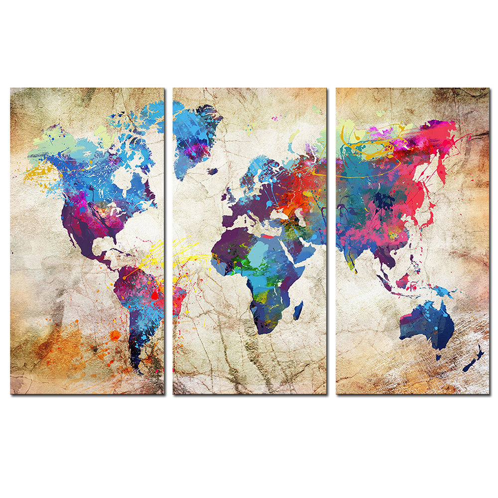 World Map in Paint Spatter - Three panel canvas art featuring vibrant multicolored paint splashes forming continents on a distressed beige background, creating an artistic interpretation of the global map