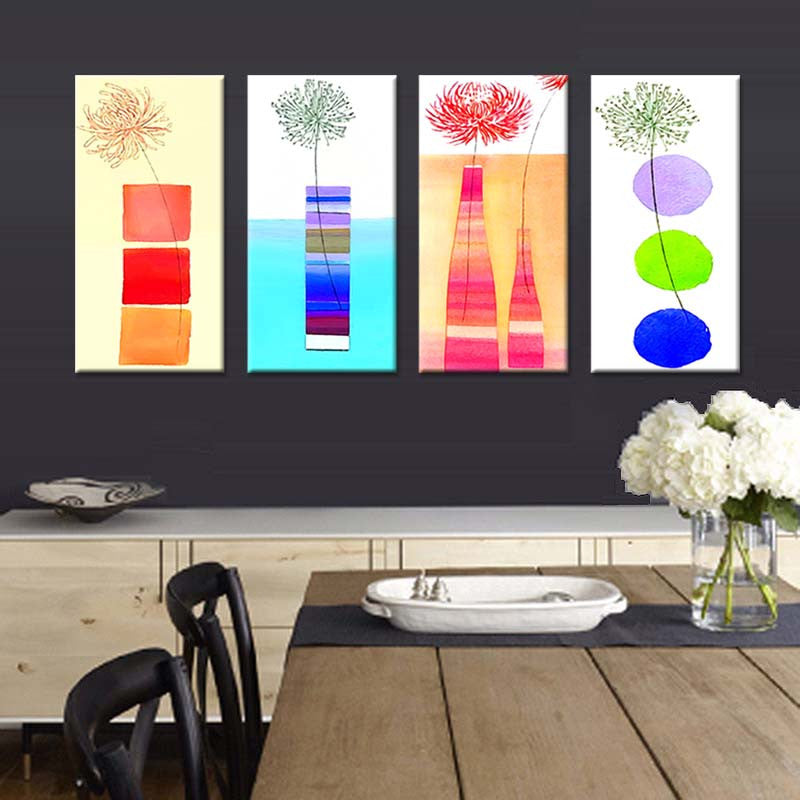 Modern Kitchen Panels featuring colorful minimalist floral artwork on 4 canvas pieces, each displaying abstract flowers in vases with geometric shapes in vibrant orange, blue, pink, and green against light backgrounds