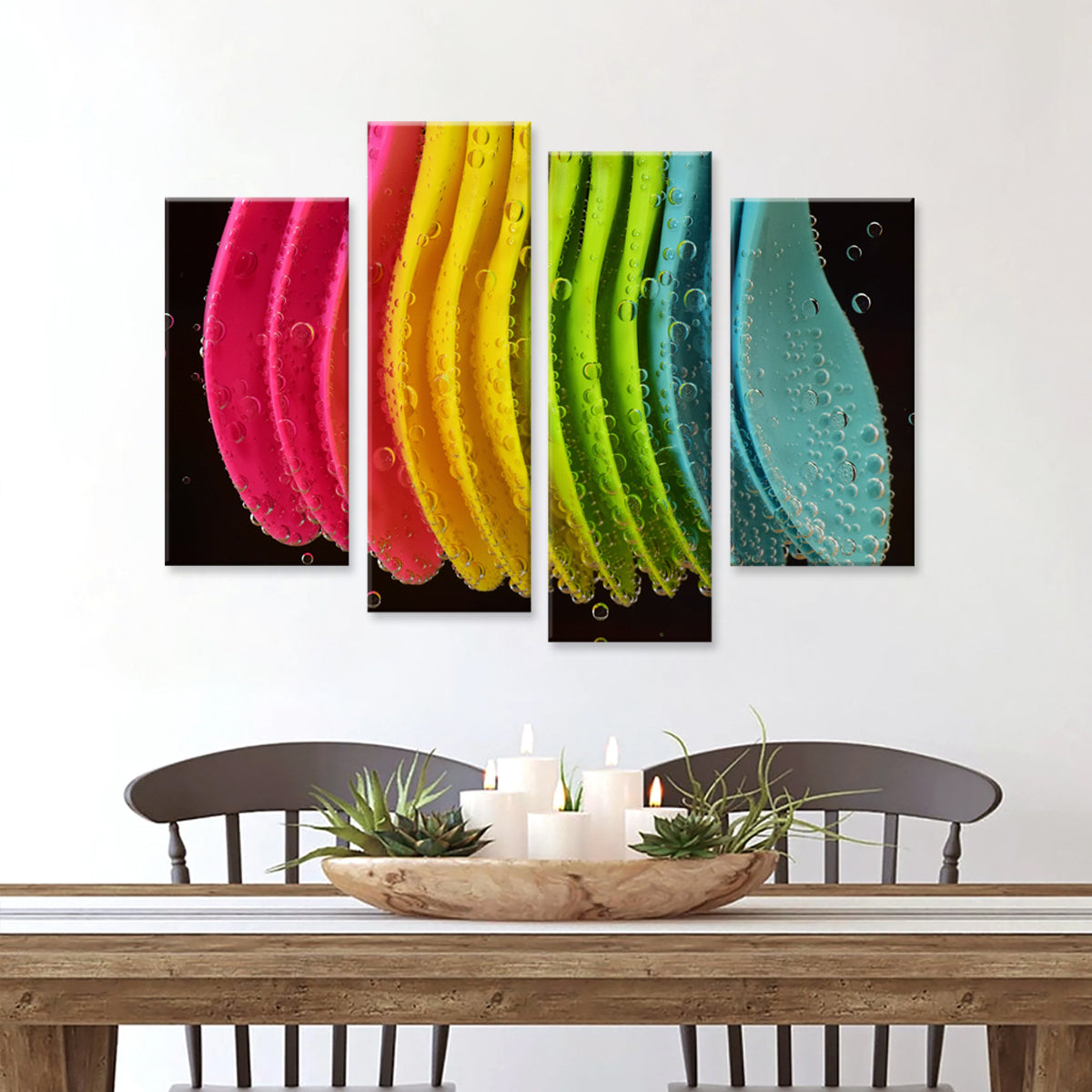 Abstract Balloons: Vibrant 4-panel canvas wall art featuring colorful curved lines with water droplets in pink, yellow, green and turquoise against a black background, displayed above a dining table with modern decor