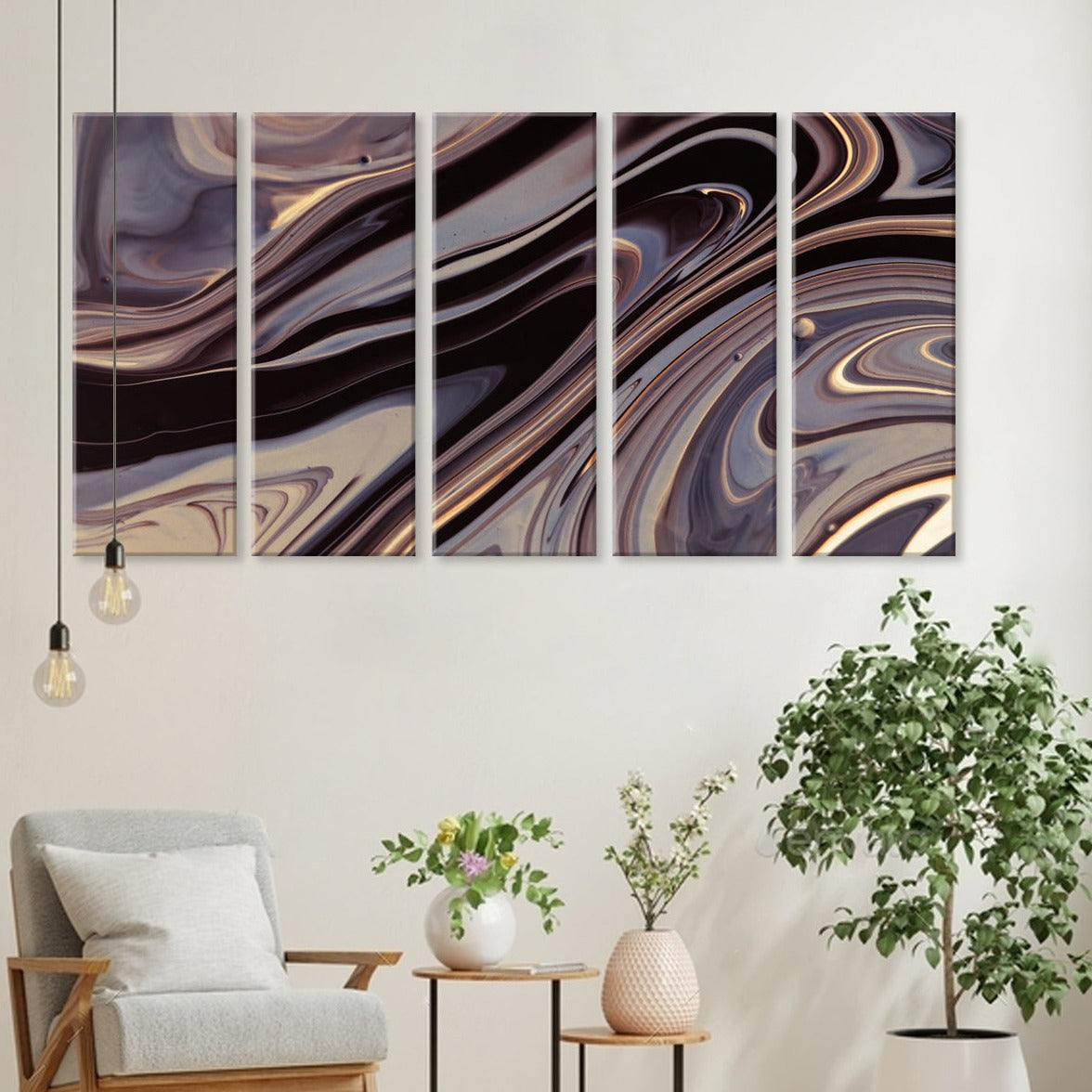 Abstract Purple Swirls - 5-panel canvas wall art featuring elegant flowing purple, black, and gold marble-like swirls creating a dramatic contemporary design, perfect for modern home decor