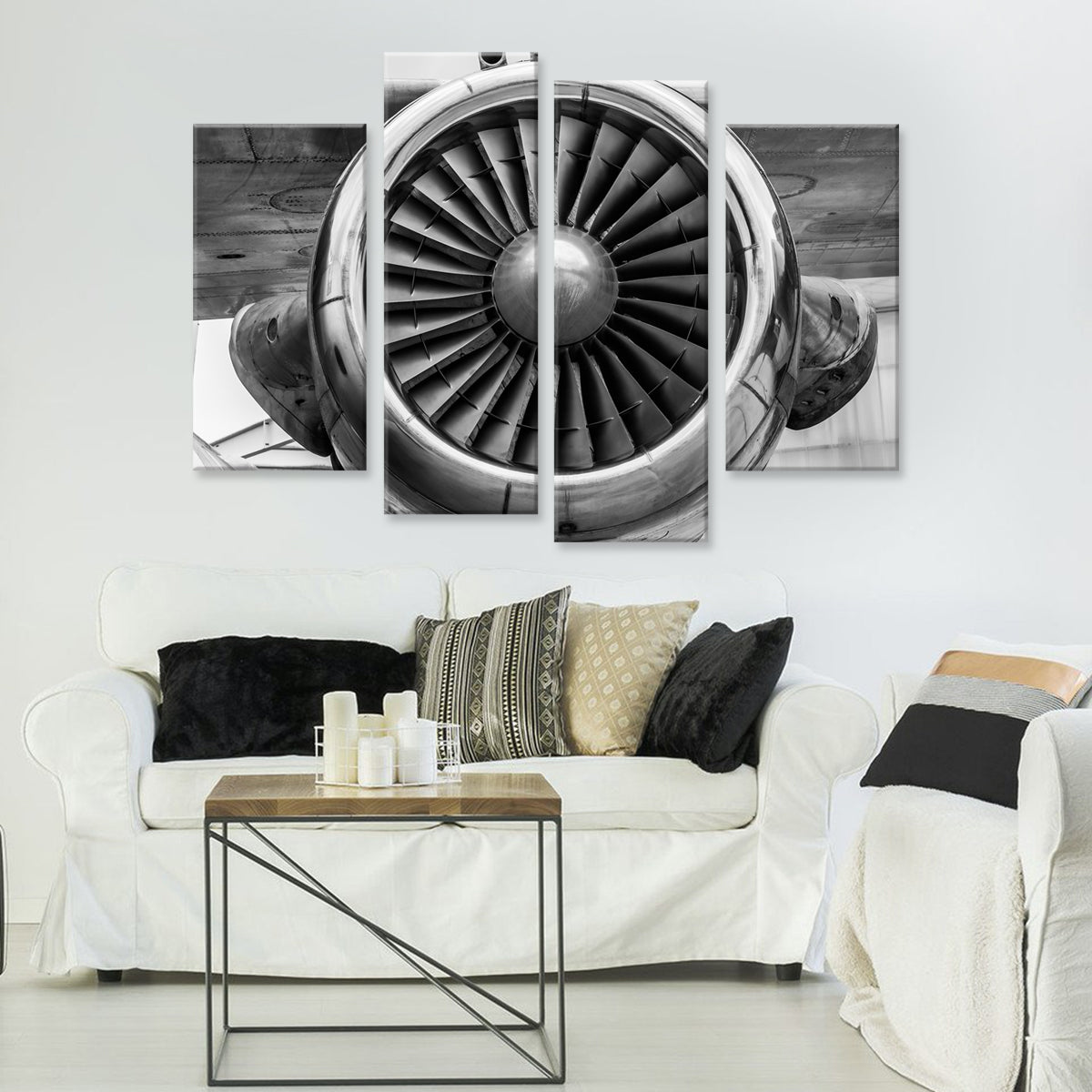 Black and white 4-panel Airplane Engine canvas print featuring detailed turbine blades in closeup view, showing industrial aviation design with symmetrical patterns and metallic textures