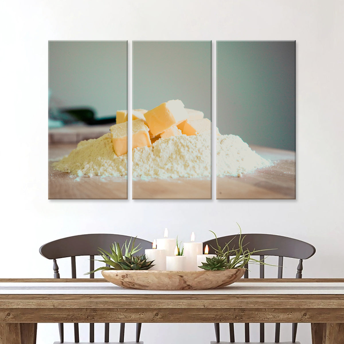 Baking canvas wall art featuring three-panel display of flour and butter on wooden surface, perfect for kitchen decor and culinary enthusiasts