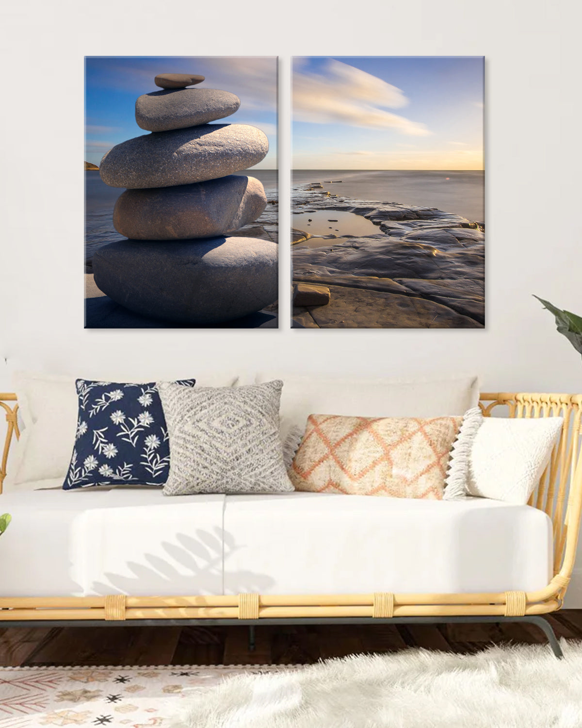Balanced Stones on the Beach - Two-panel canvas wall art featuring stacked zen stones against ocean sunset backdrop, with serene coastal rocks and peaceful beach landscape creating calming wall decor