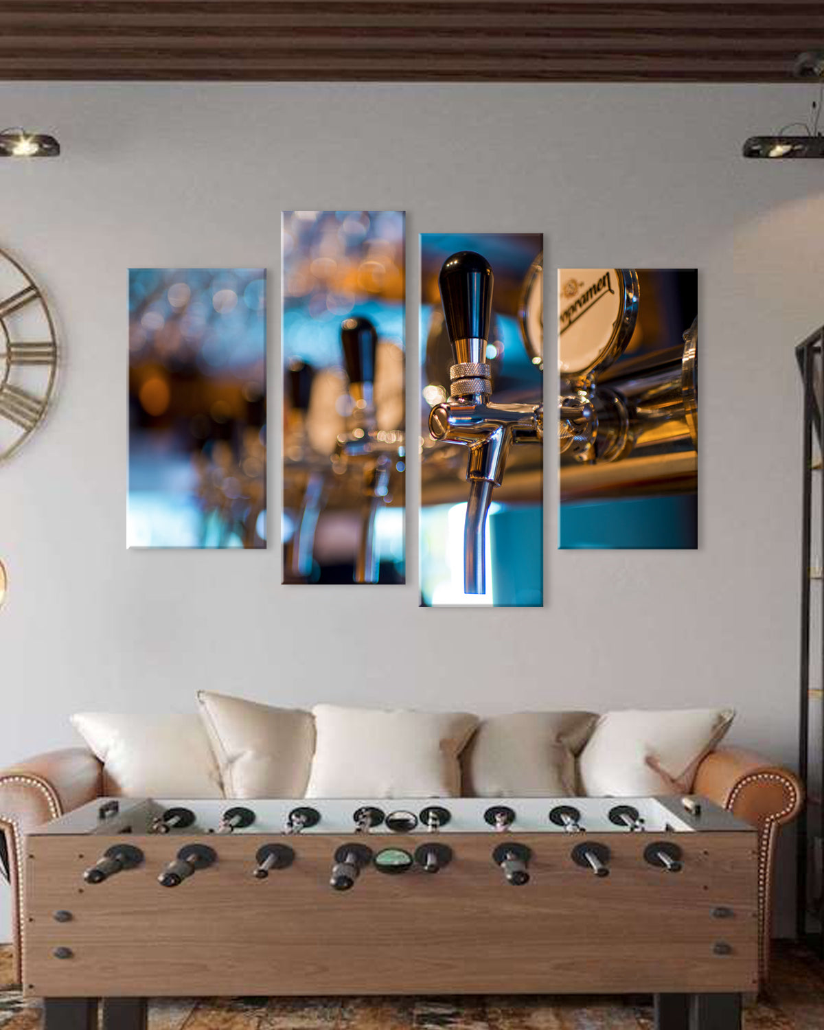 Beer Taps canvas wall art featuring a close-up shot of chrome draft beer taps with blurred bokeh background, displayed as 4-panel split artwork above a rustic wooden table in modern home bar setting