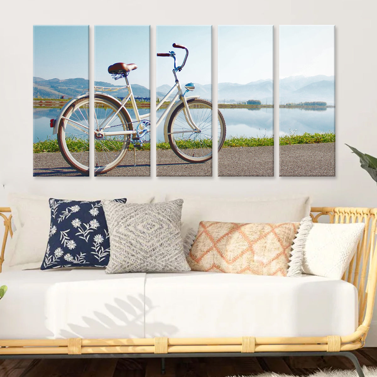 Bicycle Lake View: Vintage white bicycle parked on a path beside a serene lake, with mountains and reflective waters creating a peaceful 5-panel canvas art scene perfect for home decor