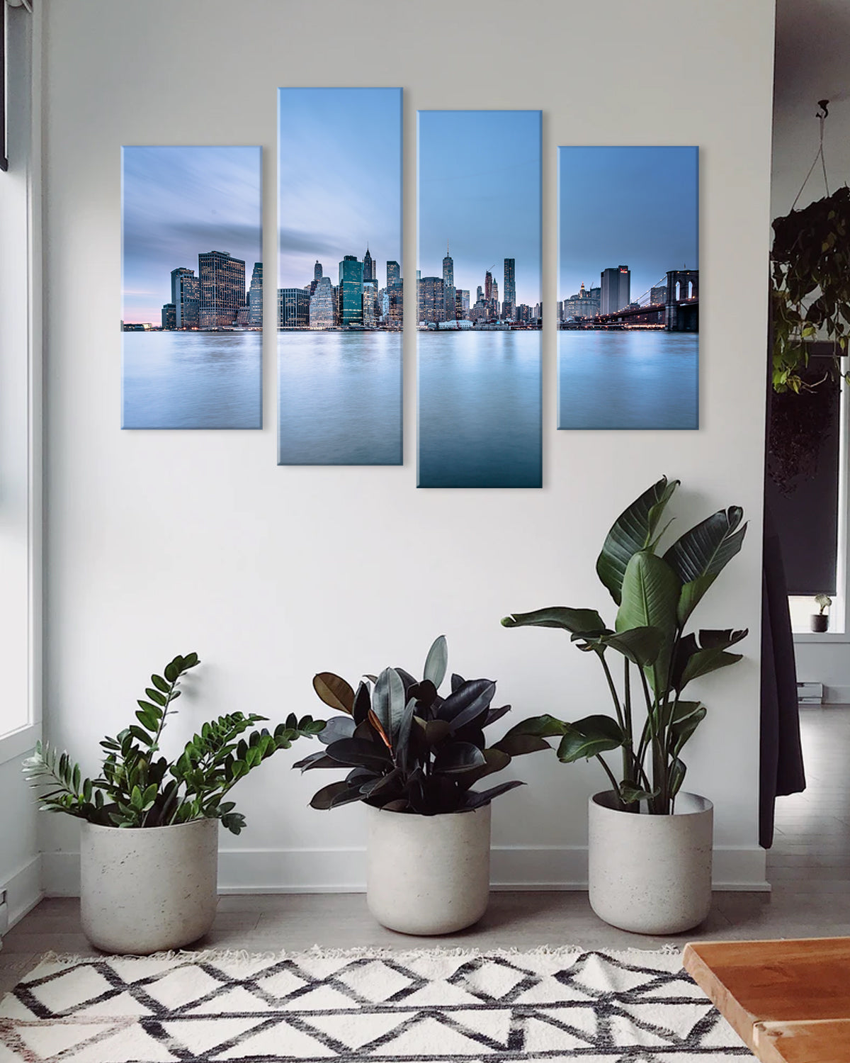 Brooklyn Bridge City Skyline - Four panel canvas art displaying a serene panoramic view of Manhattan's skyline at dusk, featuring modern skyscrapers reflected in calm waters of East River, captured in cool blue tones
