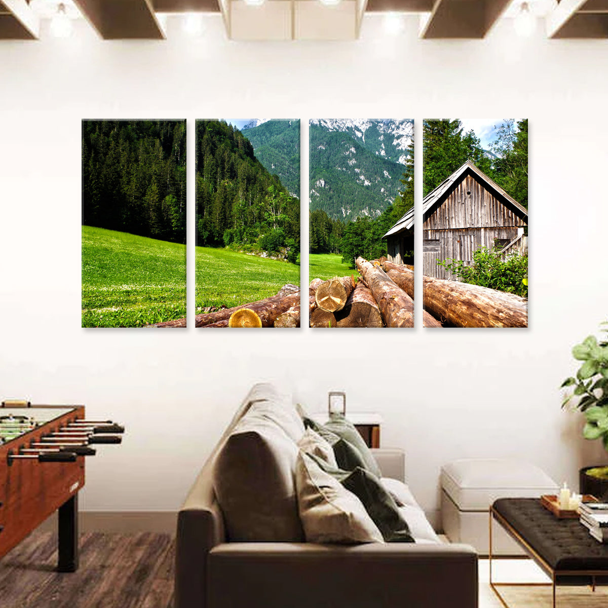 Cabin in the Woods - 4-panel canvas wall art displaying rustic wooden cabin amid lush green meadow, mountain landscape, forest backdrop, and stacked logs, perfect for nature-inspired home decor