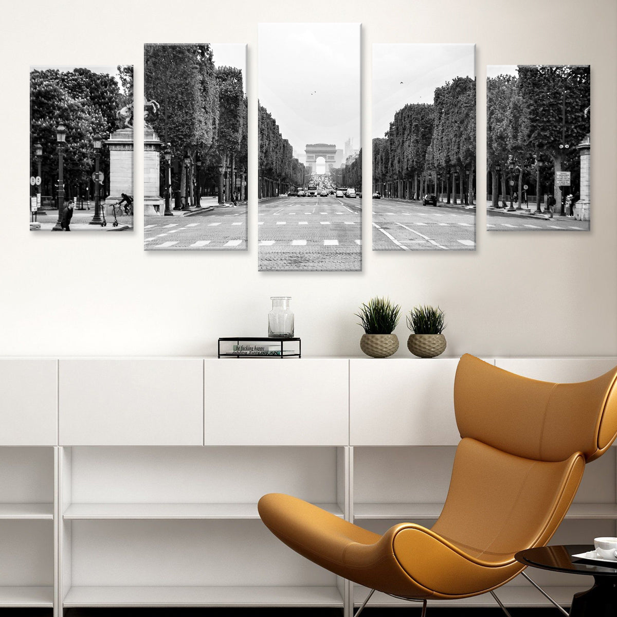 Champs de Elysee black and white canvas art showing iconic Parisian boulevard with tree-lined street leading to Arc de Triomphe, displayed as 5-panel wall decor perfect for modern home or office