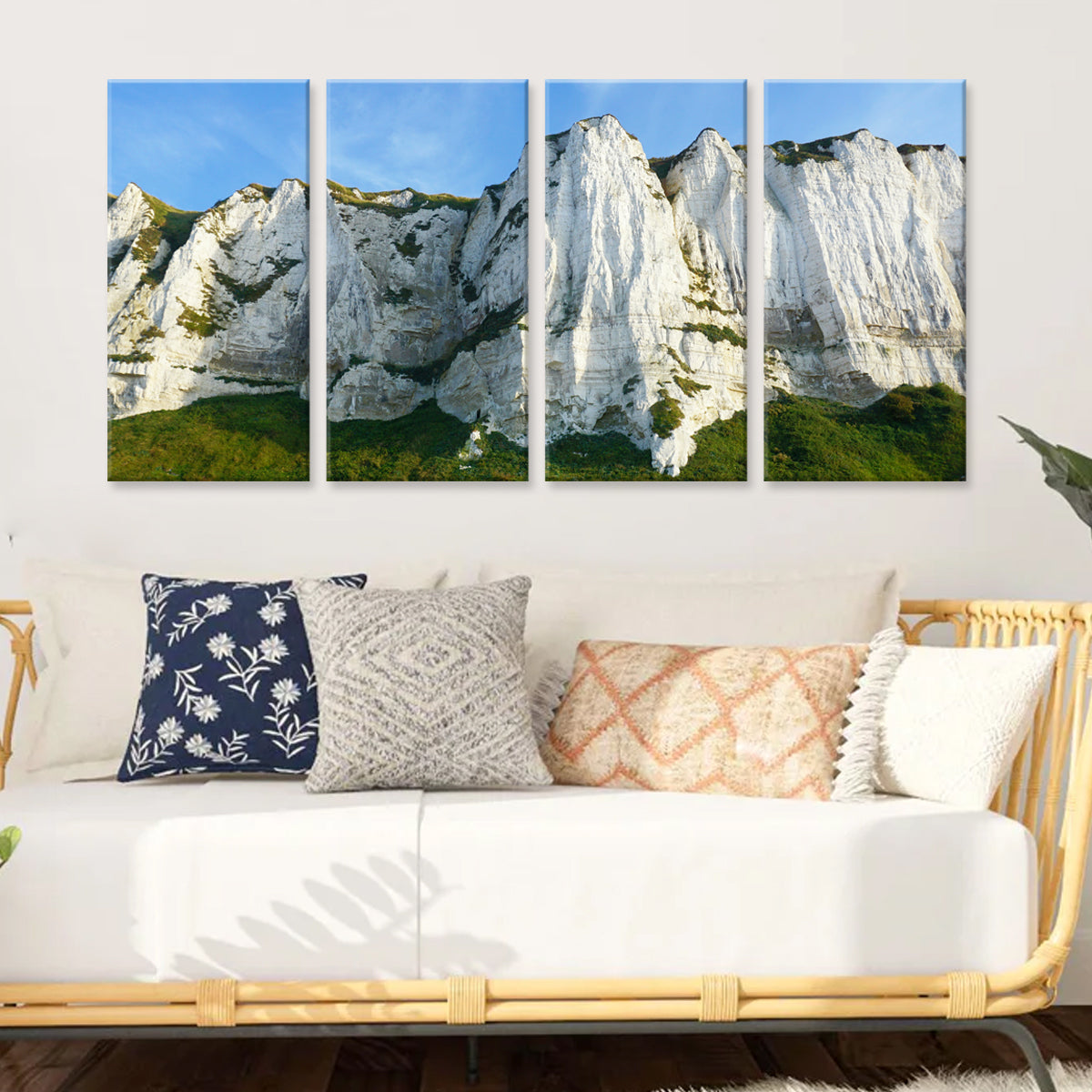 Cliffs of Dover - Four-panel canvas wall art displaying majestic white chalk cliffs against blue sky and green grass, showcasing the iconic natural landmark in dramatic detail
