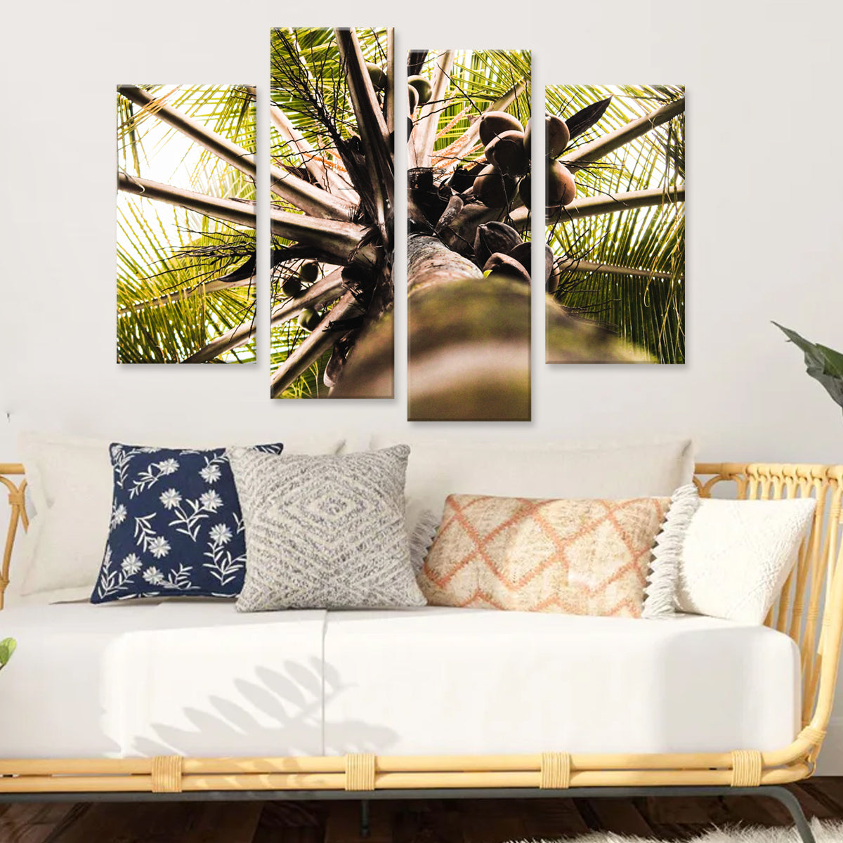 Coconut Tree canvas wall art displaying a close-up view of palm fronds and trunk in four panels, showcasing natural tropical beauty with sunlight filtering through the leaves, perfect for modern home decor