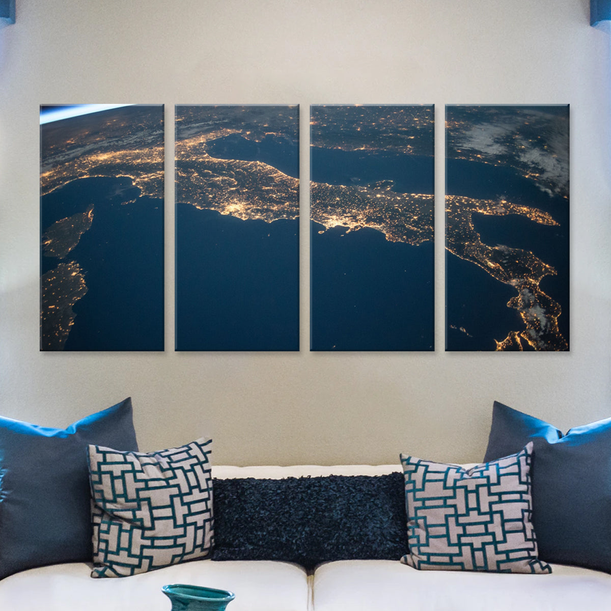 Earth from Above: 4-panel canvas wall art displaying stunning aerial view of illuminated coastlines and cities at night, captured from space showing Earth's curvature against deep blue oceans