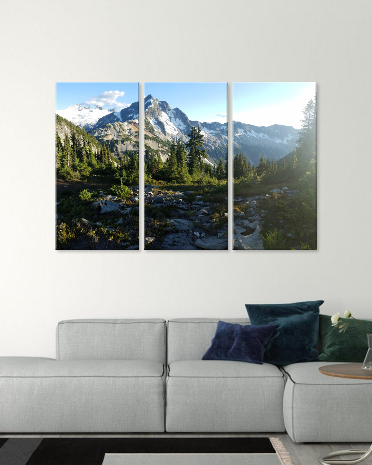 Glacier Mountains with Evergreens - 3-panel canvas print displaying majestic snow-capped mountain peaks surrounded by lush evergreen forest, rocky terrain and sunlit alpine landscape under bright blue sky
