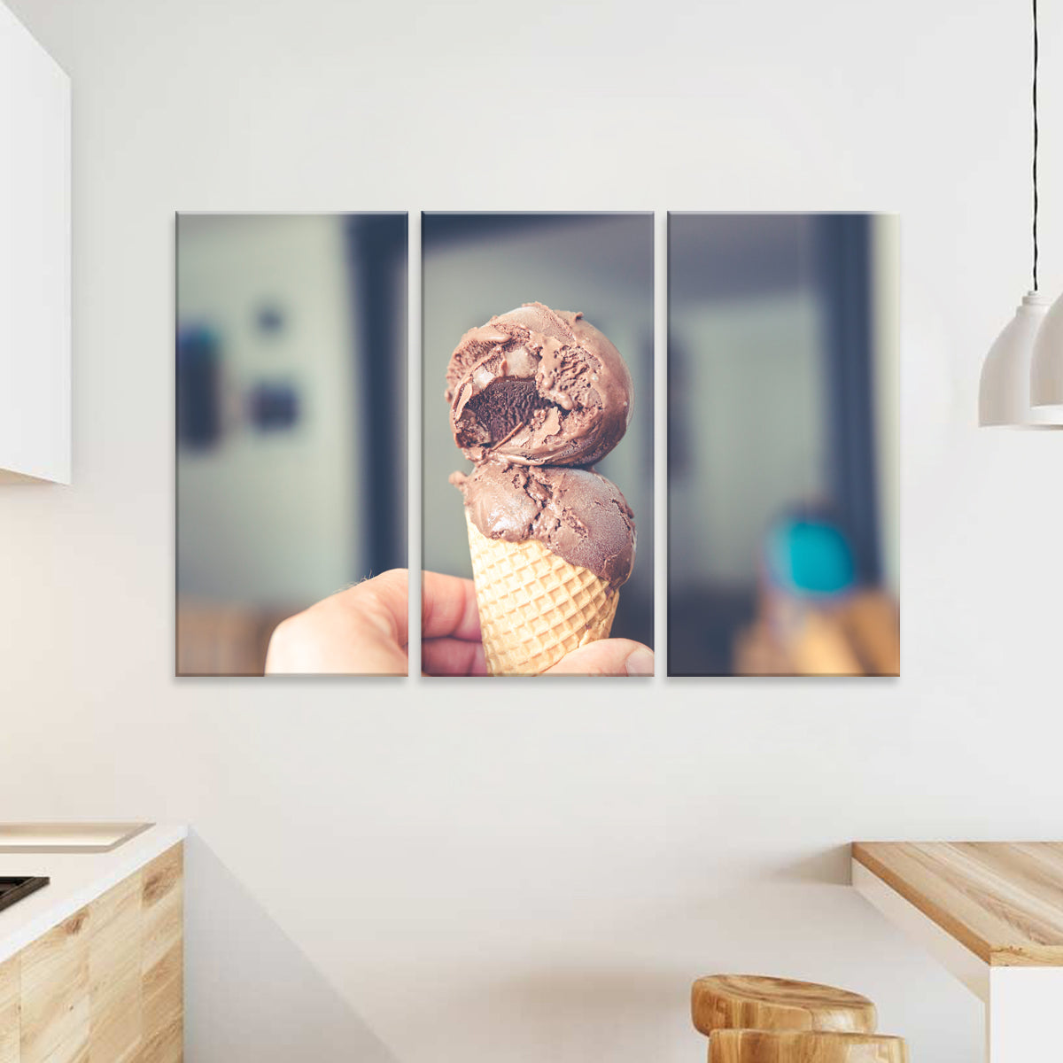 Ice Cream - Modern three-panel wall art featuring a close-up of chocolate ice cream scoops in a waffle cone, displayed on canvas with a soft blurred background, perfect for kitchen or dining room decor