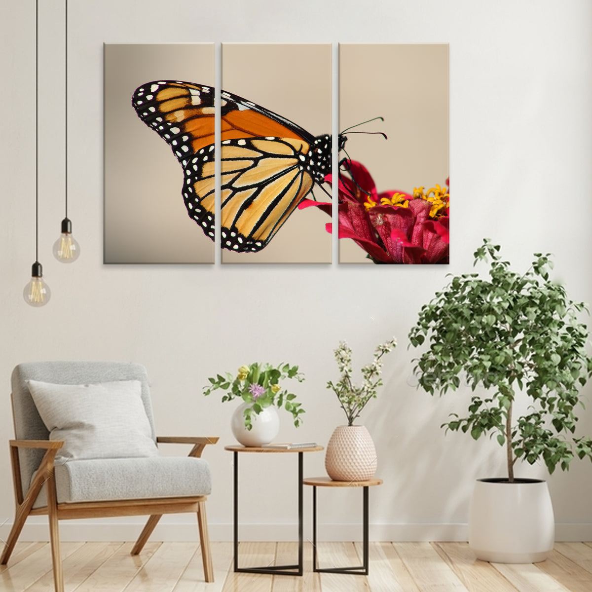 Monarch Butterfly 3-panel canvas wall art displaying a detailed close-up of an orange and black monarch butterfly perched on a vibrant red flower against a neutral beige background