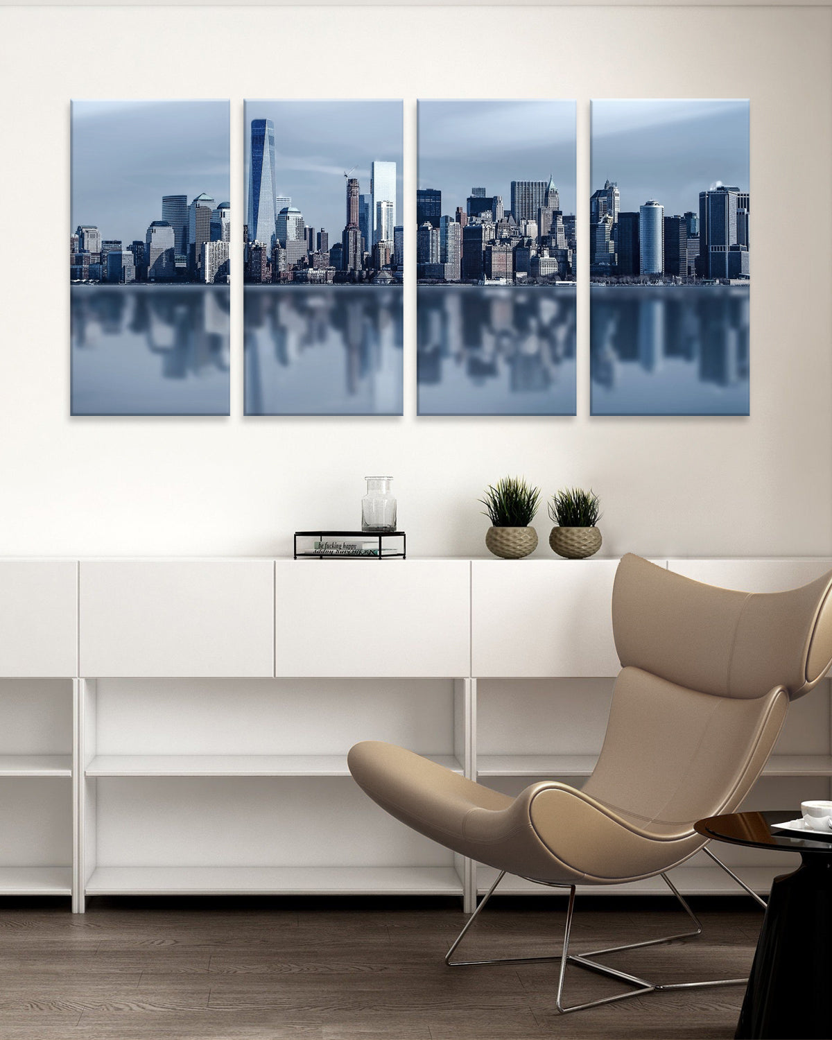 New York Skyline canvas art featuring a reflective view of Manhattan's iconic cityscape with modern skyscrapers against a moody blue sky, displayed as a 4-panel split canvas wall art perfect for contemporary home decor