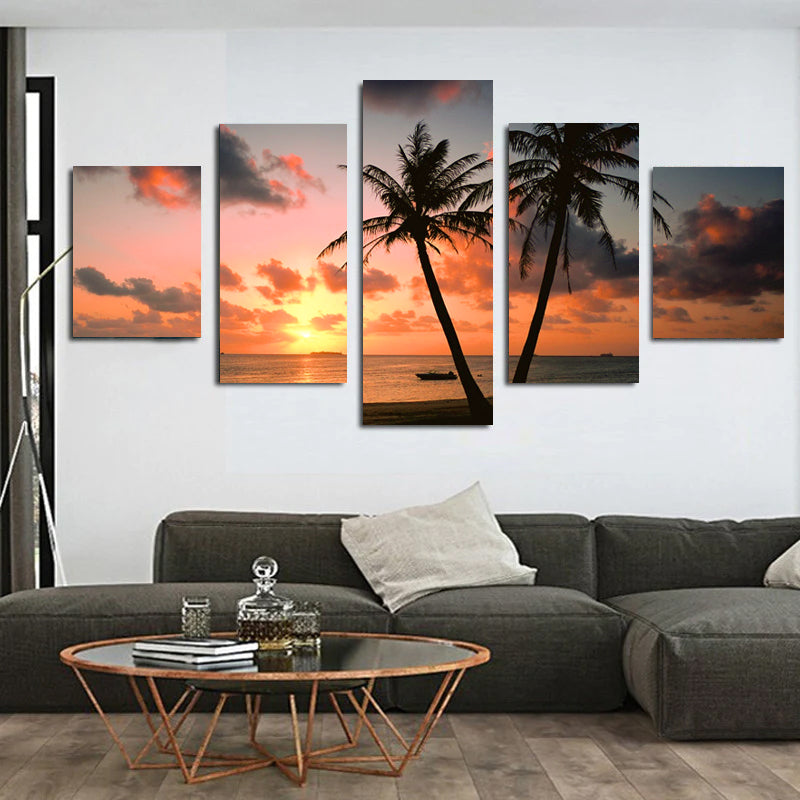 Palm Tree and Sunset - 5-panel canvas wall art displaying tropical palm trees silhouetted against a vibrant orange and pink sunset over calm ocean waters, creating a stunning beach paradise atmosphere