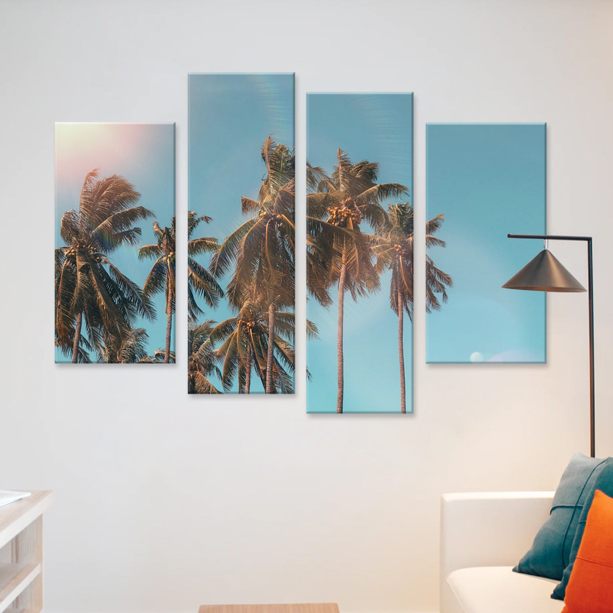 Palm Trees in the Sun - 4-panel canvas wall art featuring tropical palm trees against a vibrant turquoise sky, with sunlight filtering through swaying fronds creating a serene beach atmosphere in modern home decor