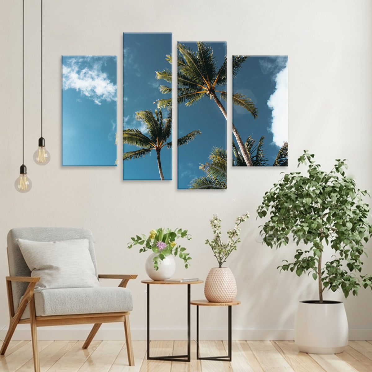 Palm Trees on Clouds - 4-panel canvas wall art featuring towering palm trees against a vibrant blue sky with white fluffy clouds, perfect for creating a tropical atmosphere in living spaces