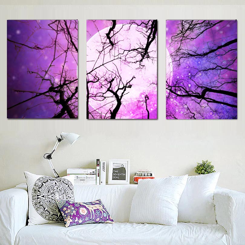 Purple Moon behind Trees - 3-panel canvas wall art featuring silhouetted tree branches against a mystical purple night sky with a luminous full moon, creating a dramatic and enchanting atmosphere perfect for home decor.