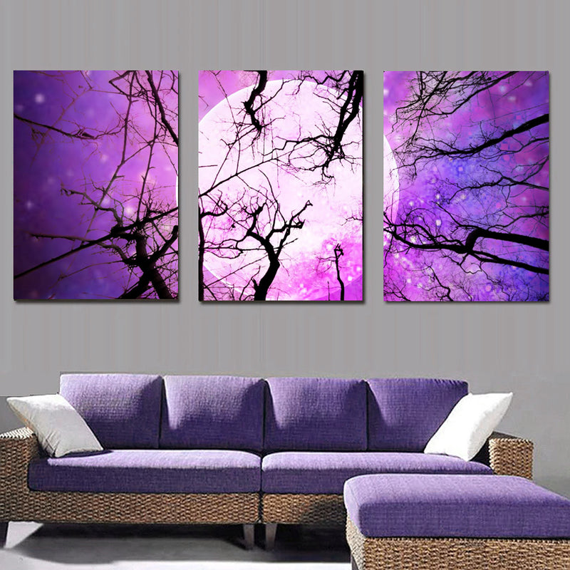 Purple Moon behind Trees - 3-piece wall art canvas featuring silhouetted tree branches against a mystical purple and pink night sky with a glowing full moon, perfect for modern home decor and creating a dreamy atmosphere
