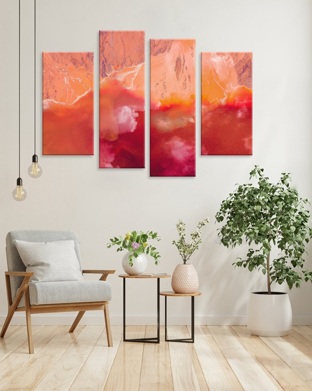 Red Glacier Water - 4-panel abstract canvas wall art in vibrant coral and deep red tones, displayed in modern living room with white walls, hanging between decorative pendant lights and potted plants