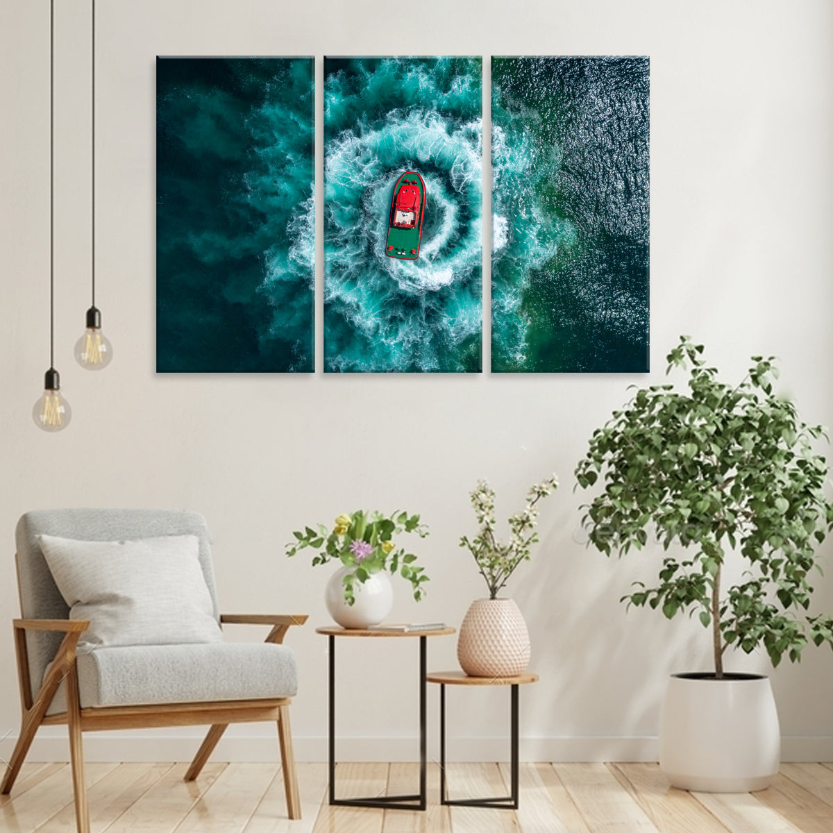 Swirling Boat canvas wall art featuring aerial view of red boat surrounded by dramatic turquoise ocean waves creating circular pattern, split into three panels for modern home decor