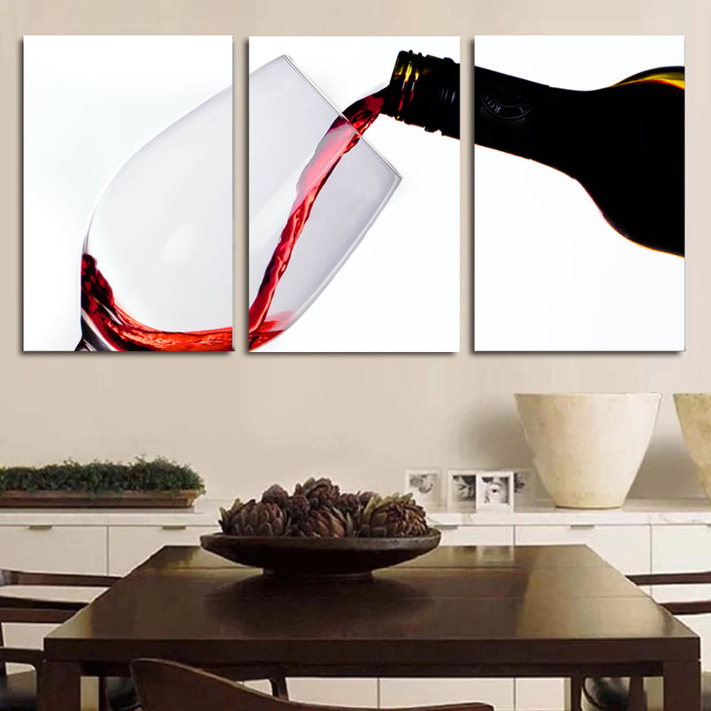 Modern Wine Glass Abstract: 3-panel canvas wall art featuring elegant wine pour sequence, showing red wine flowing from bottle to glass, perfect for dining room or kitchen decor