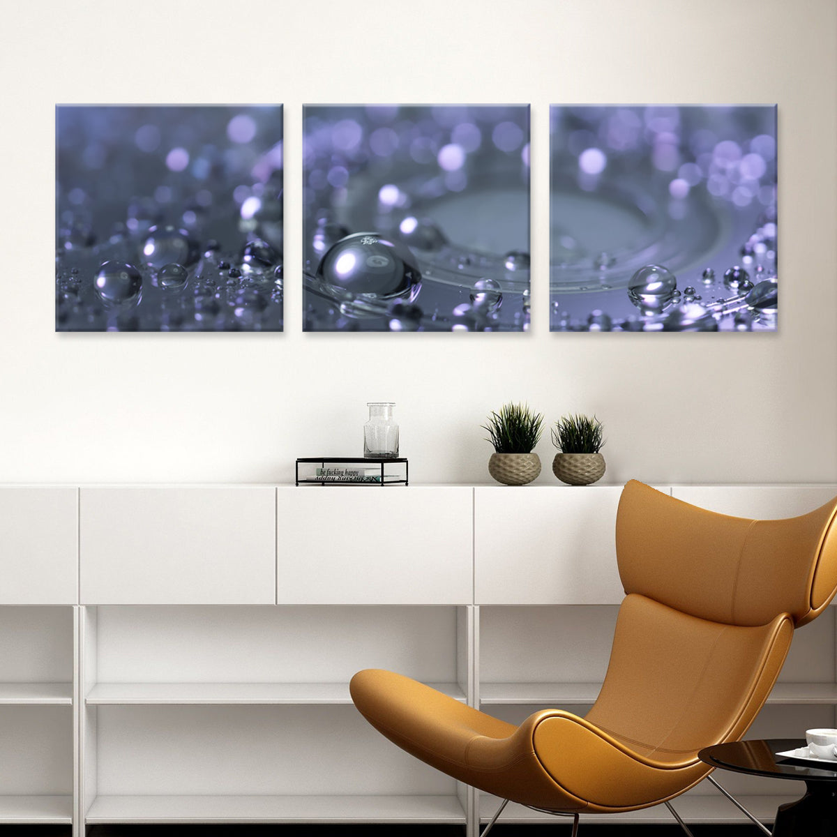 Water Droplets canvas print, featuring a macro photography triptych of glistening water drops in shades of purple and blue, creating a stunning bokeh effect across three panels for modern wall decor