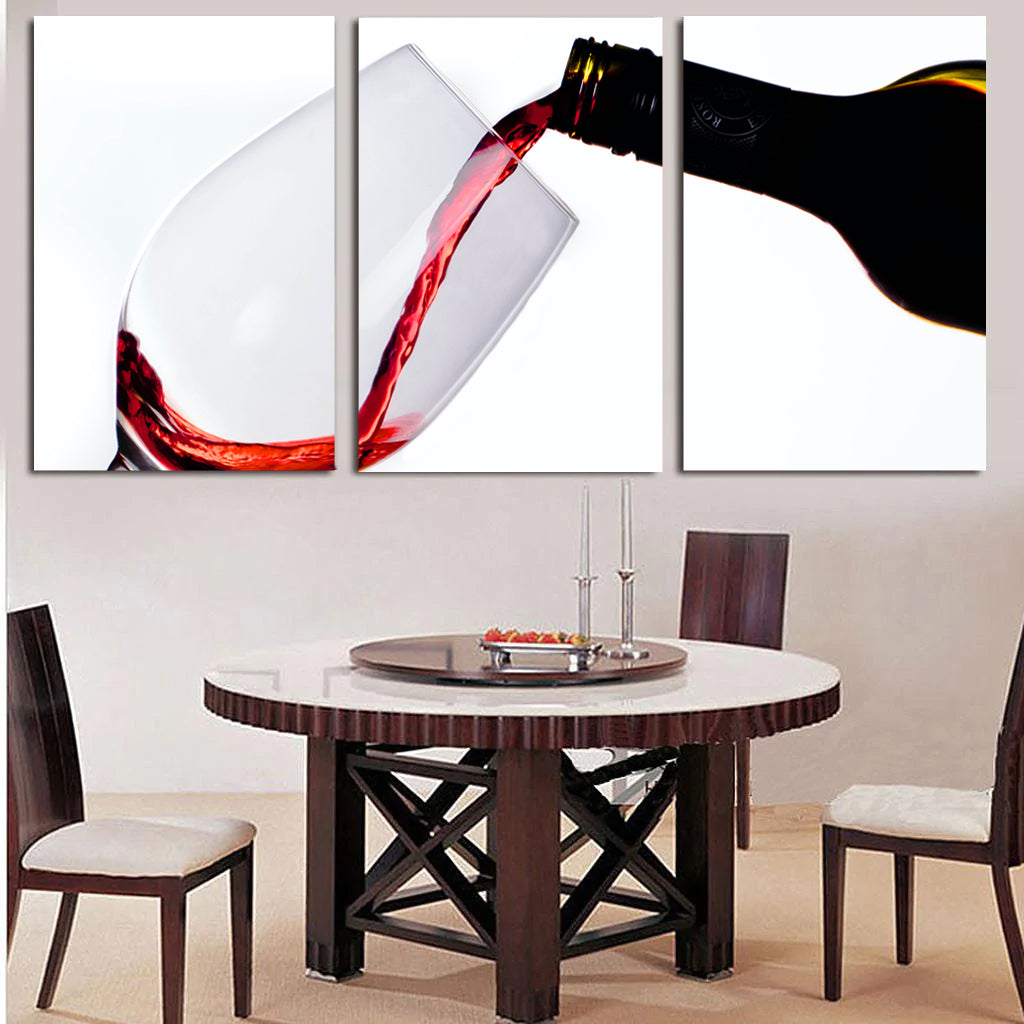Modern Wine Glass Abstract - Three panel canvas wall art showing red wine being poured from bottle to glass in elegant minimalist style against white background, perfect for dining room decor