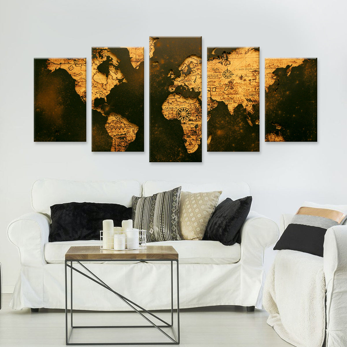 World Map in Black and Gold - 5-panel canvas wall art featuring a striking global map design with black continents and golden detailing, displayed above a modern white sofa in an elegant living room setting