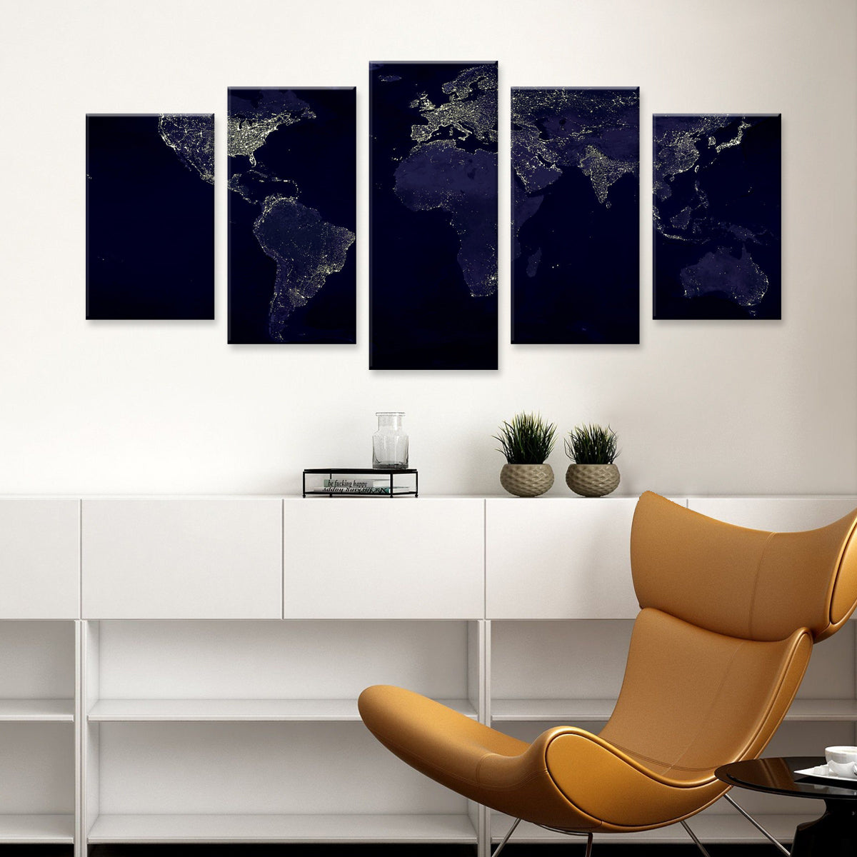 World Map in Blue: Modern 5-panel canvas wall art featuring Earth's illuminated cities at night in deep navy tones, displaying detailed continental outlines and urban light patterns across a dramatic dark background