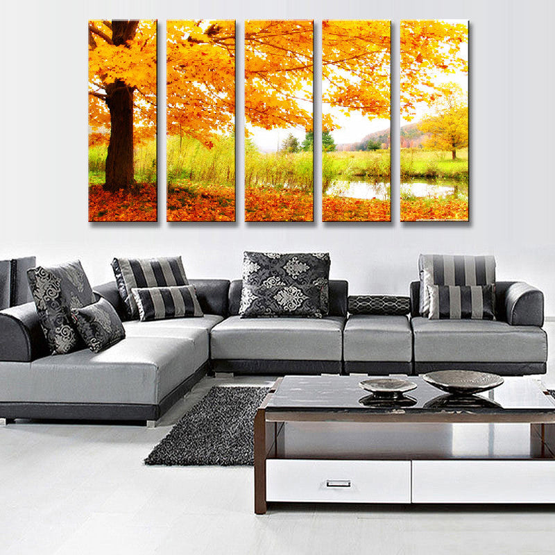 Maple Tree Fall Landscape - 5-panel canvas art showing vibrant autumn maple tree with golden-orange leaves against pond reflection, featuring tranquil meadow setting and warm fall colors in panoramic view