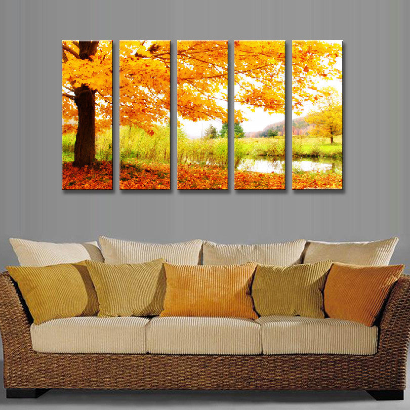 Maple Tree Fall Landscape: 5-panel canvas wall art featuring vibrant autumn scene with golden maple trees, fallen orange leaves, and tranquil pond reflection in serene natural setting, perfect for home decor