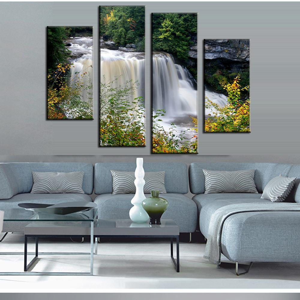 Mountain Stream Waterfall 4-panel canvas wall art featuring cascading white waterfall surrounded by lush green forest and vibrant yellow wildflowers, perfect for home decor and creating a serene natural atmosphere
