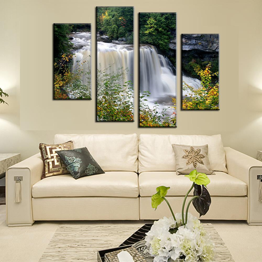 Mountain Stream Waterfall canvas art showing cascading white waterfalls surrounded by lush green forest and yellow wildflowers, split into 4 vertical panels, perfect for living room wall decor