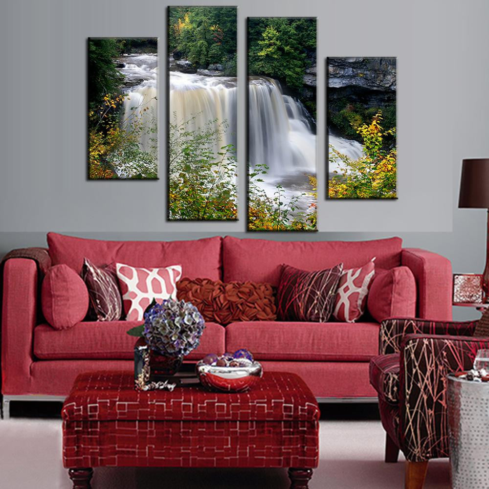 Mountain Stream Waterfall 4-panel canvas art showing cascading white waterfalls surrounded by lush green forest and vibrant wildflowers, perfect for nature-inspired home decor