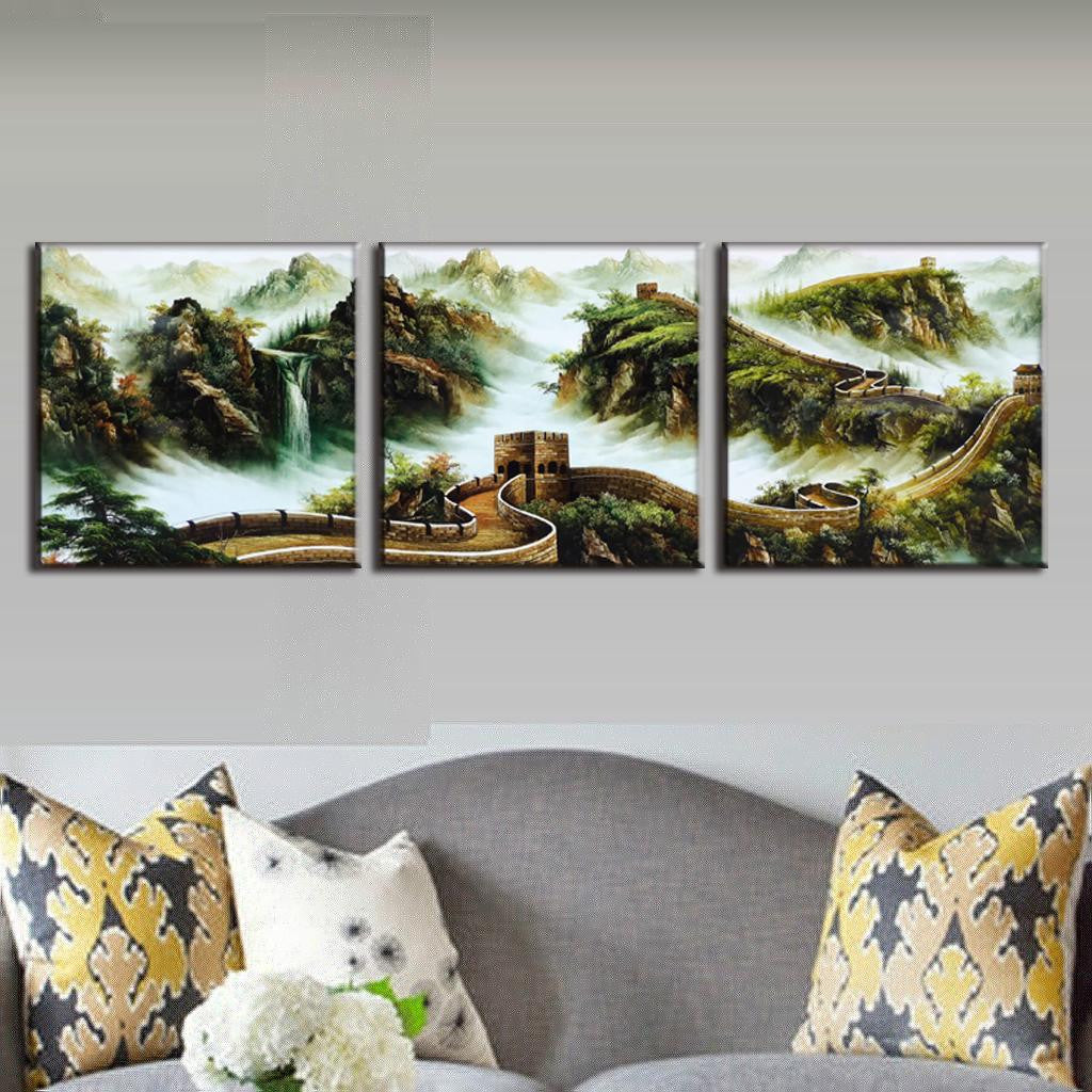 The Great Wall in Fog - Three panel canvas art depicting misty mountains with ancient Chinese wall winding through dramatic landscape, waterfalls and lush greenery in traditional Asian painting style