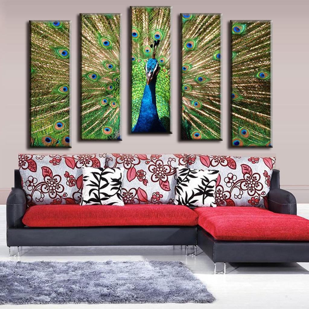 Beautiful Abstract Peacock: 5-panel canvas wall art featuring vibrant peacock with iridescent blue-green feathers displaying magnificent tail fan against golden background, perfect for living room decor