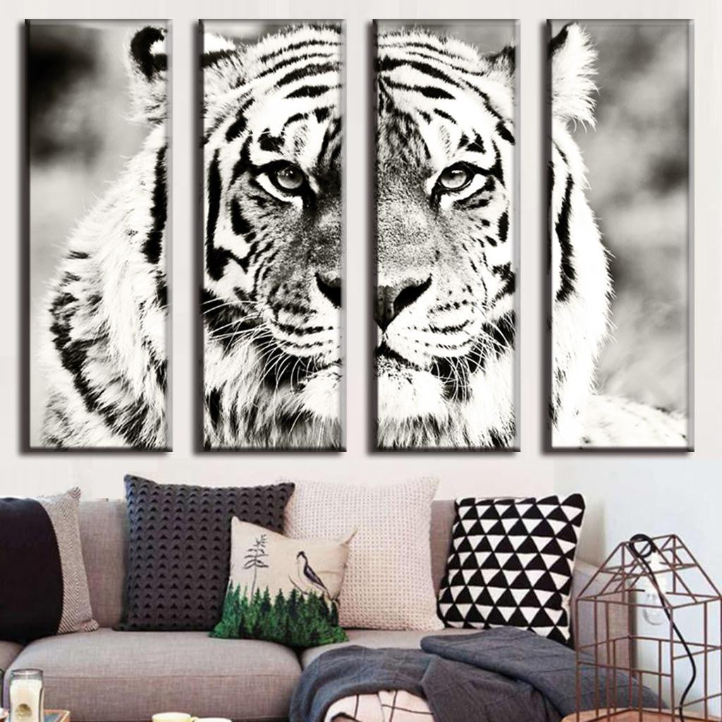 Black and White Tiger - 4-piece canvas wall art featuring a dramatic monochrome portrait of a majestic tiger with intense eyes, detailed fur texture, and striking contrasts, perfect for modern home decor.