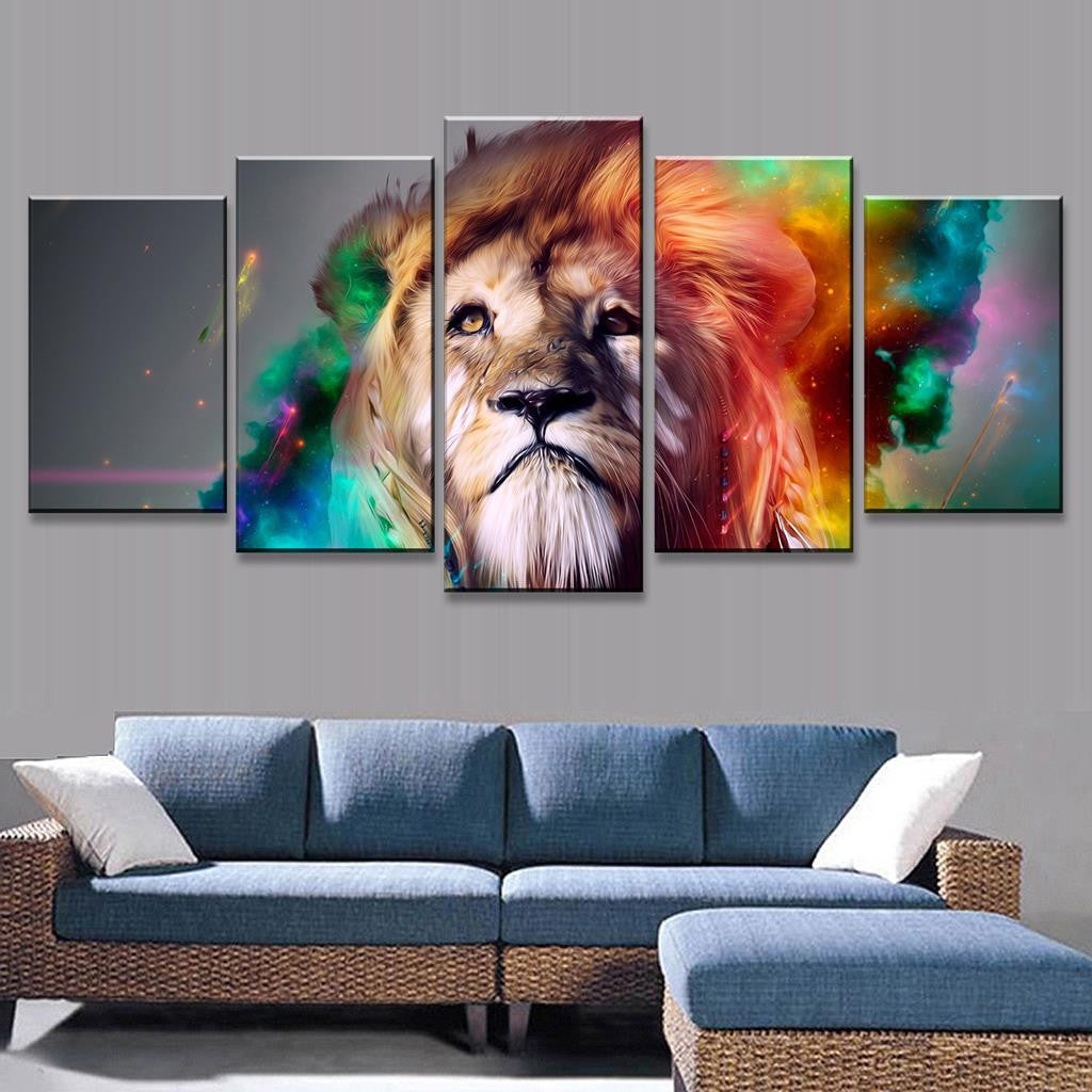 Abstract Colorful Lion's Head wall art featuring vibrant 5-panel canvas print with majestic lion portrait surrounded by colorful watercolor effects in turquoise, orange, and green, perfect for modern home decor
