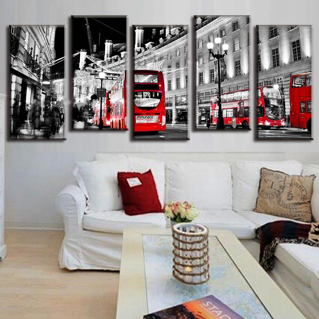 City Nightview with Red Busses - 5 panel black and white canvas art featuring iconic London street scene with vibrant red double-decker buses, classic architecture, vintage lampposts and urban nighttime atmosphere