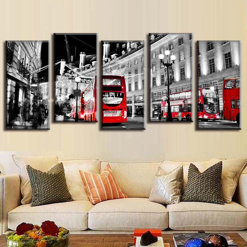 City Nightview with Red Busses - 5-panel black and white canvas wall art featuring iconic London street scene with vibrant red double-decker buses, illuminated historic buildings, and vintage street lamps creating dramatic urban contrast