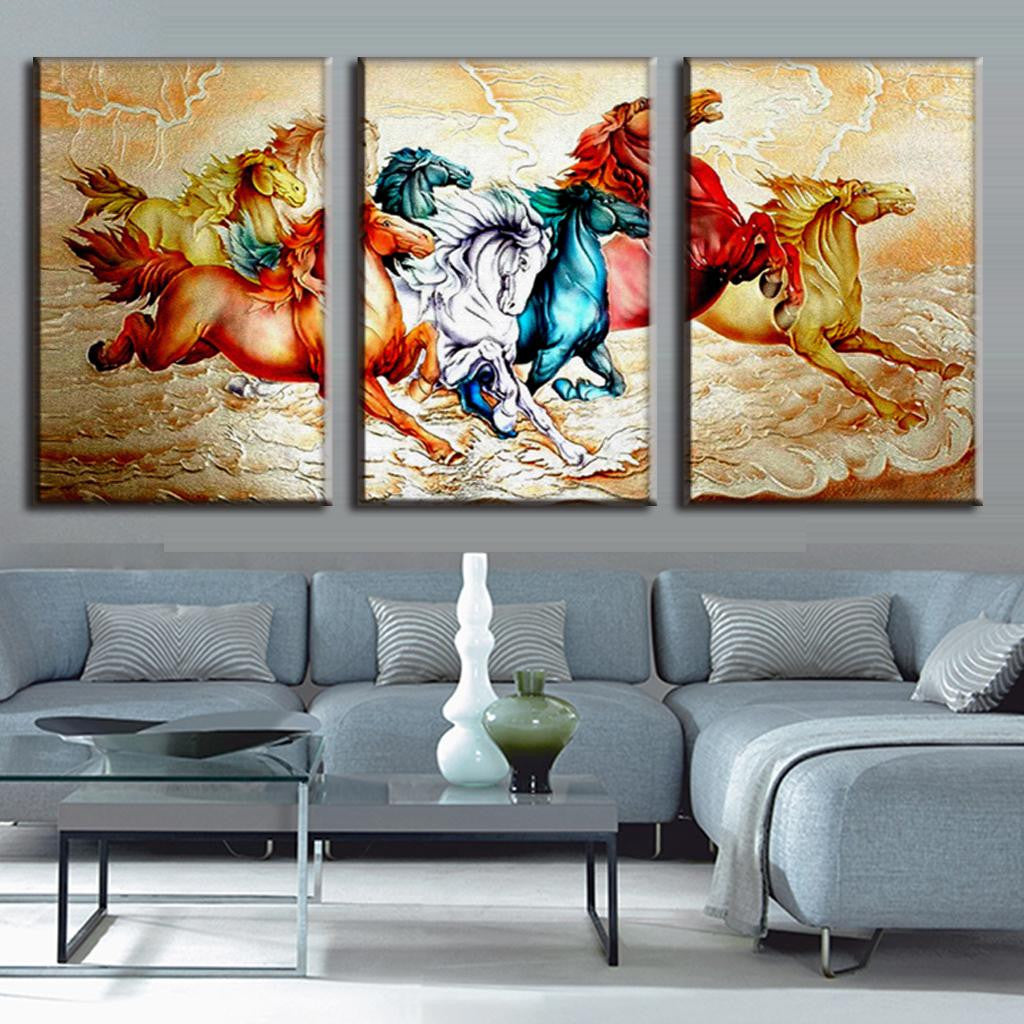 Chinoiserie Horses - Traditional Asian-inspired 3-panel canvas wall art featuring galloping horses in vibrant red, blue, and gold tones against a textured golden background, perfect for elegant home decor