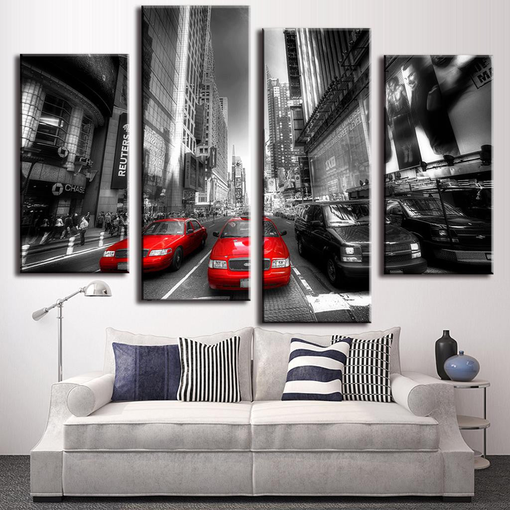 Modern black and white New York cityscape wall art featuring iconic red taxis on busy Manhattan street, 4-panel canvas print showcasing urban architecture and bustling city life - New York with Red Taxis